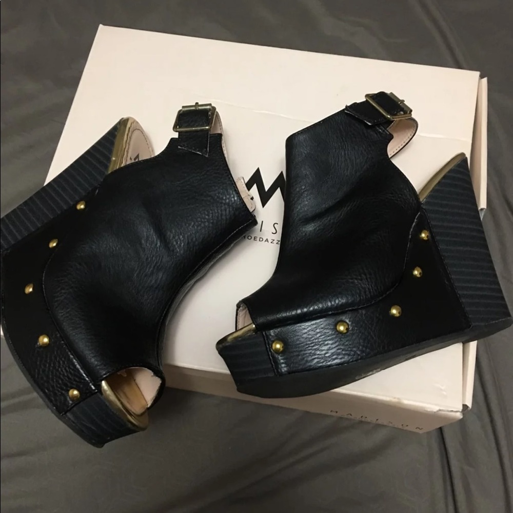 Leather and gold wedges